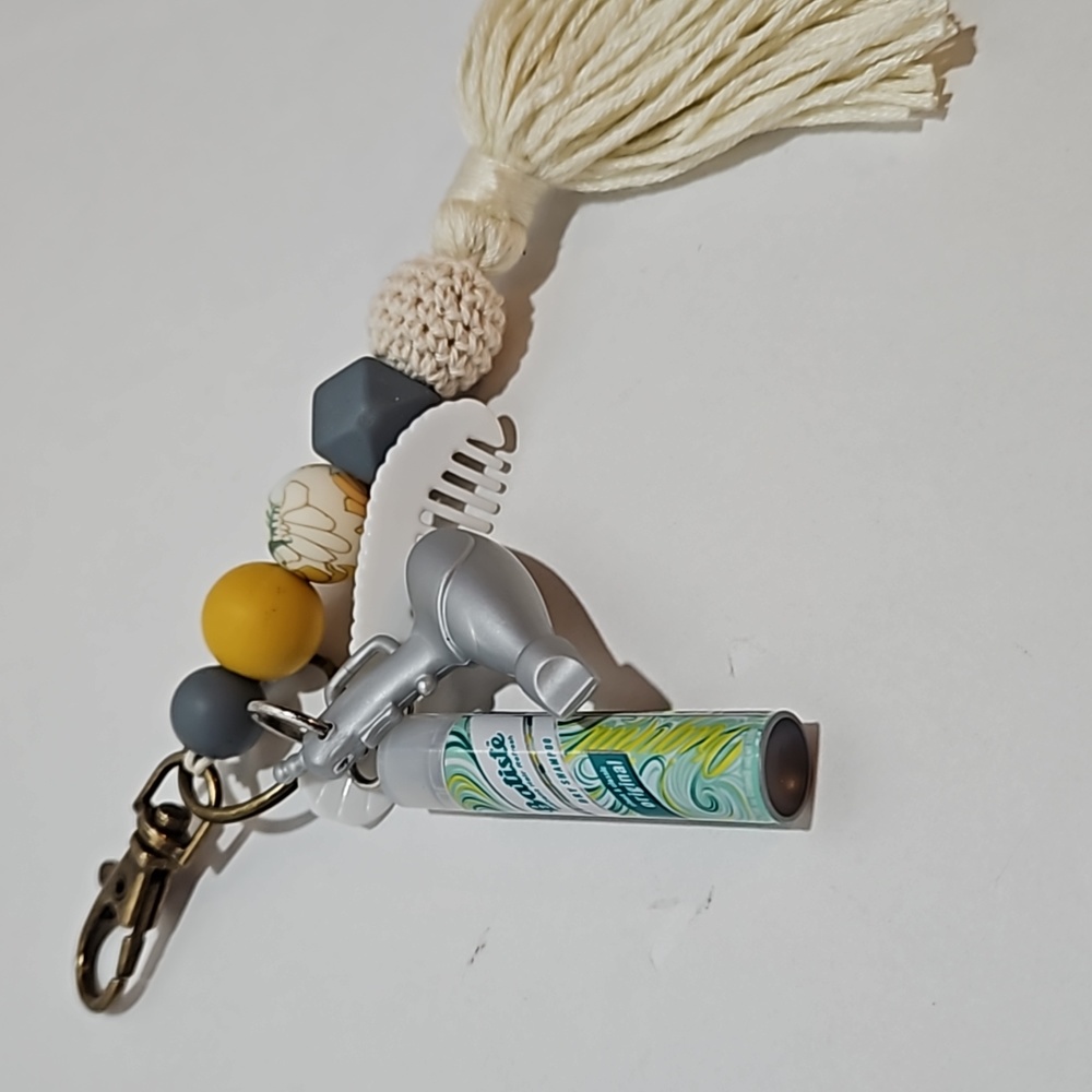Hair spray, comb, and blowdryer keychain. I do hair. I love hair!